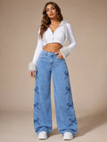 Y2K Bow Embroidery Wide Leg Jeans for Women, High Rise Vintage Light Wash Baggy Denim Trousers Trendy Casual Streetwear Daily Pants