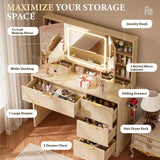 Vanity Desk 3 Way Mirror Lights Makeup Vanity 360 View Mirror 3 Lighting Modes 6 Drawers Storage Cabinet Fluted Wood Vanity Tabl