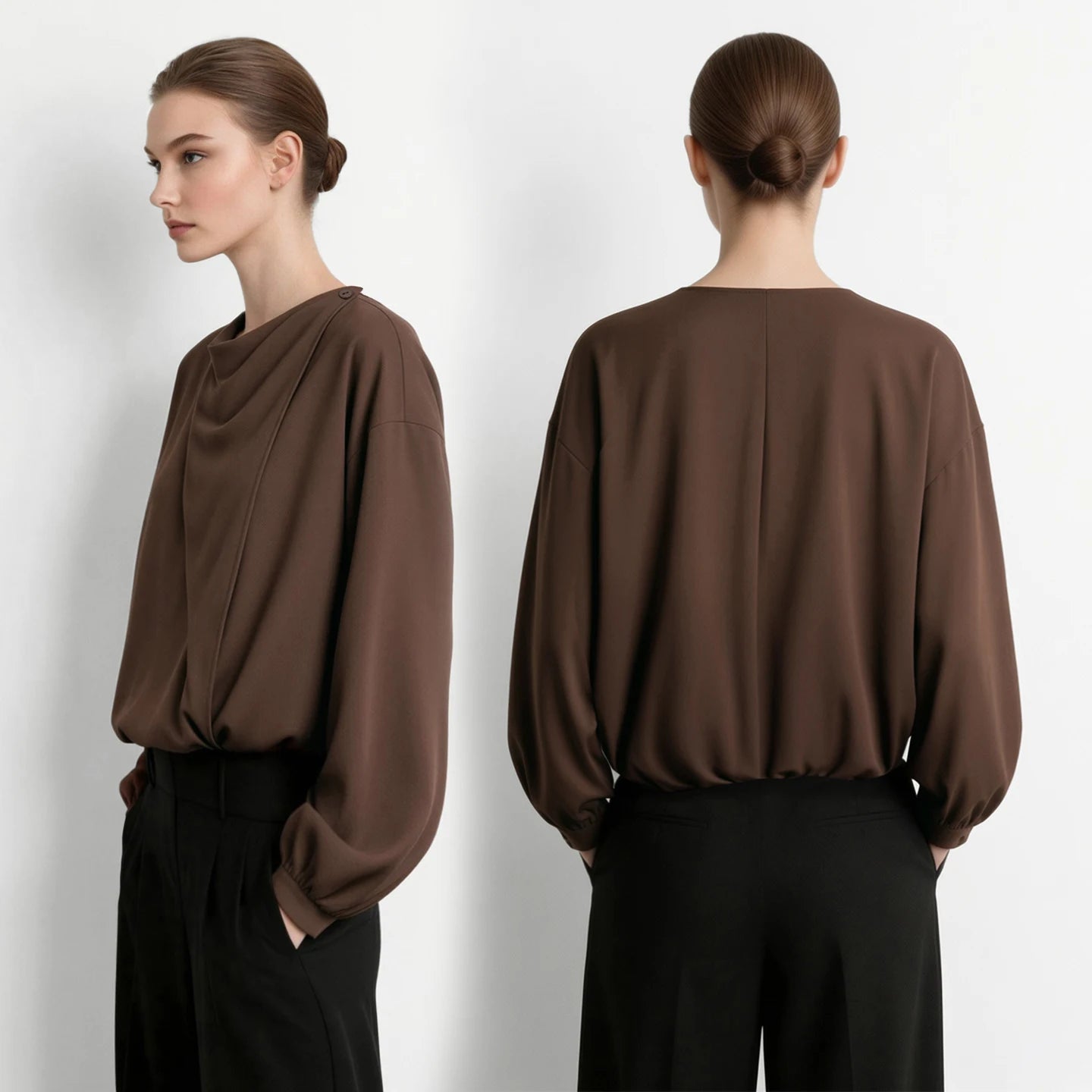 Amii 2026 Autumn Women Blouse Reversible V Neck Wrap Cowl Neck Long Sleeve Chiffon Blouses Woman Loose Casual Shirts 12643013