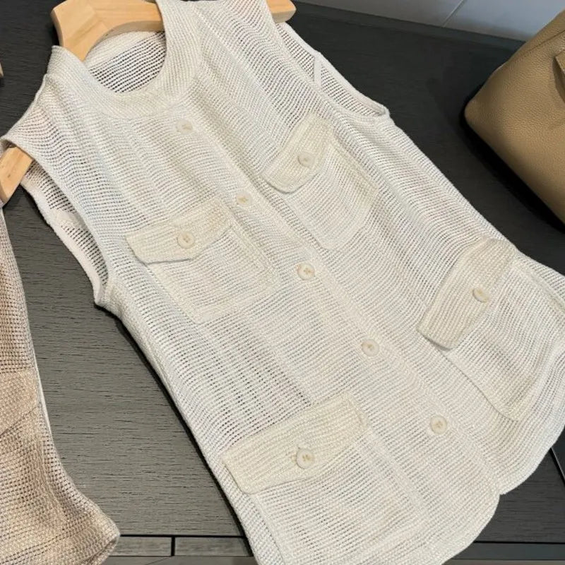 Summer Female Hollow Out O Neck Vest New Women Single Breasted Leisure Vests Fashion Thin Sleeveless Jacket Solid Color Tank Top