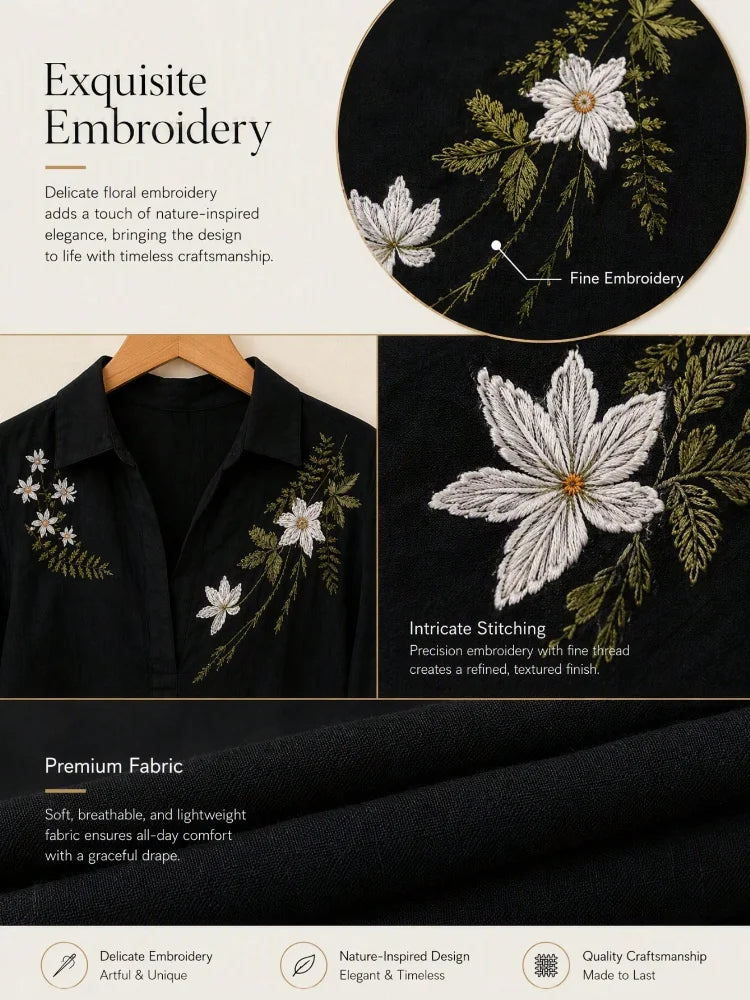 2026 New Fashion Trend Women's Embroidered Shirt, Bohemian Style with Floral and Botanical Embroidery, Loose Long-Sleeve Stand-Up Collar Shirt, Perfect for Spring and Autumn Outings and Casual Wear