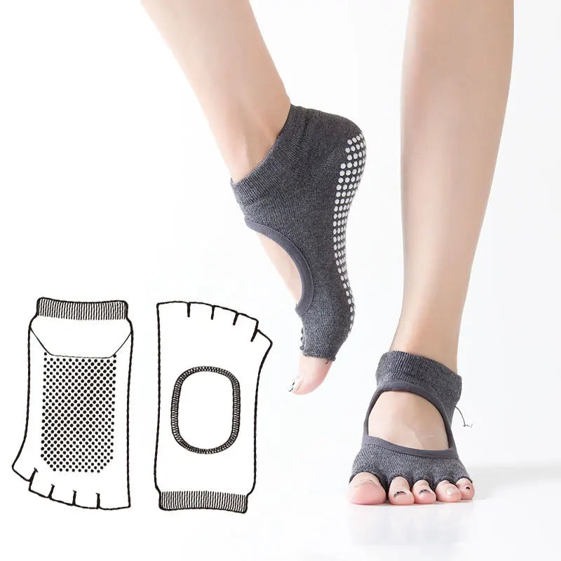 Women Backless Five Toe Yoga Socks Non-Slip Cotton Ladies Dance Ballet Socks Open Half Breathable Fitness Sport Sock for Pilates