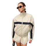 Women's Jackets Beige Black Zip Collar Crop Jacket Lapel Loose Streetwear Spring Autumn Chic Sports Outfits Short Coats 2026 New
