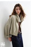 TOYOUTH Women Slub Cotton Jackets 2026 Spring New Cropped Tulip Silhouette Striped Cuff - Turn Up Stand Collar Tops