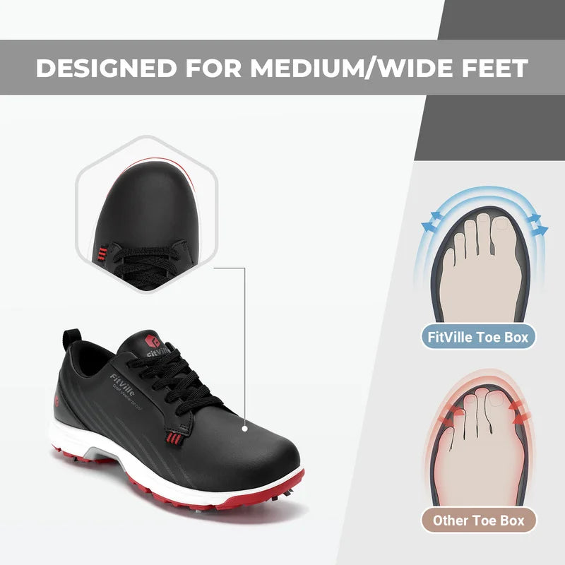 FitVille Men's Wide Toe Box Spiked Golf Shoes, Water‑Resistant Stable Anti‑Slip Outsole, Built‑In Arch Support Lightweight Comfort Golfing Sneakers