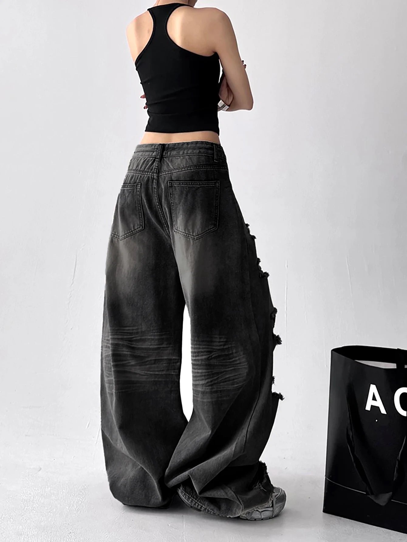 American Vintage Trend Ripped Frayed Black Baggy Jeans Women Y2K Street-Style Distressed Design Fashionable Versatile Wide-Leg Pants