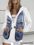 Plus size women's spring and autumn hooded faux denim patchwork jacket; chubby girl denim print fake pocket zipper style; casual versatile jacket