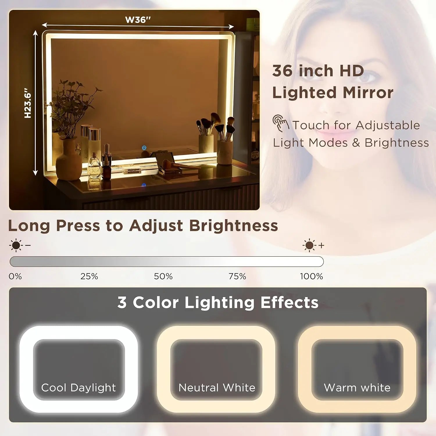 Fluted 48 Inch Makeup Vanity Desk 36 Inch Lighted Mirror Dark Walnut Smart LED Visible Glass Top 5 Drawers Adjustable Storage Sh