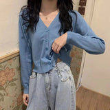 2026 Women Long Sleeve Cropped Cardigan V Neck Button Down Knit Lady Autumn Spring Knitted Single-breasted Cardigan Sweaters
