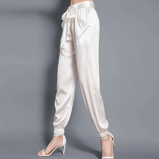 Birdsky, 1PC Women trousers bloomers pants pant bow belt high waist 19MM 95% real mulberry silk 5% spandex 3 colors, S-930