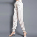 Birdsky, 1PC Women trousers bloomers pants pant bow belt high waist 19MM 95% real mulberry silk 5% spandex 3 colors, S-930