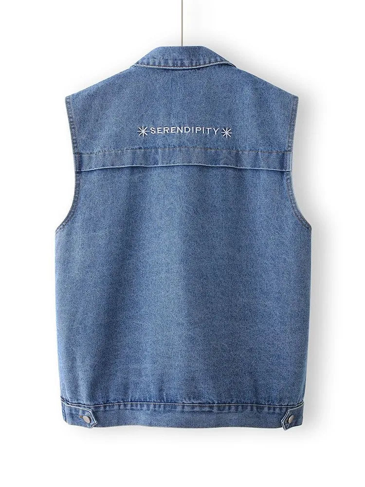 Faionable Embroidered Letter Denim Vest Women's Spring Summer New Sle Svel oulder Pad Thin Outerwear  Collar ...