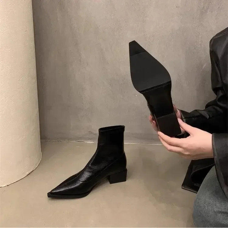 Pointed Toe Women Slim Ankle Boots Fashion Square Low Heel Ladies Elegant Back Zippers Short Booties Women's Footwear