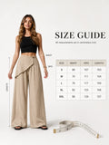 Women Wrap Front Linen Wide Leg Pants, High Waist Elastic Back Waist Culottes with Pockets, Casual Loose Fit Trousers for Summer Beach Daily Streetwear