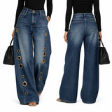 Women High Waist Wide Leg Jeans, Side Cutout Eyelet Rivet Denim Pants Loose Fit Hollow Out Flared Trousers Streetwear Fashion Baggy Jeans with Pockets