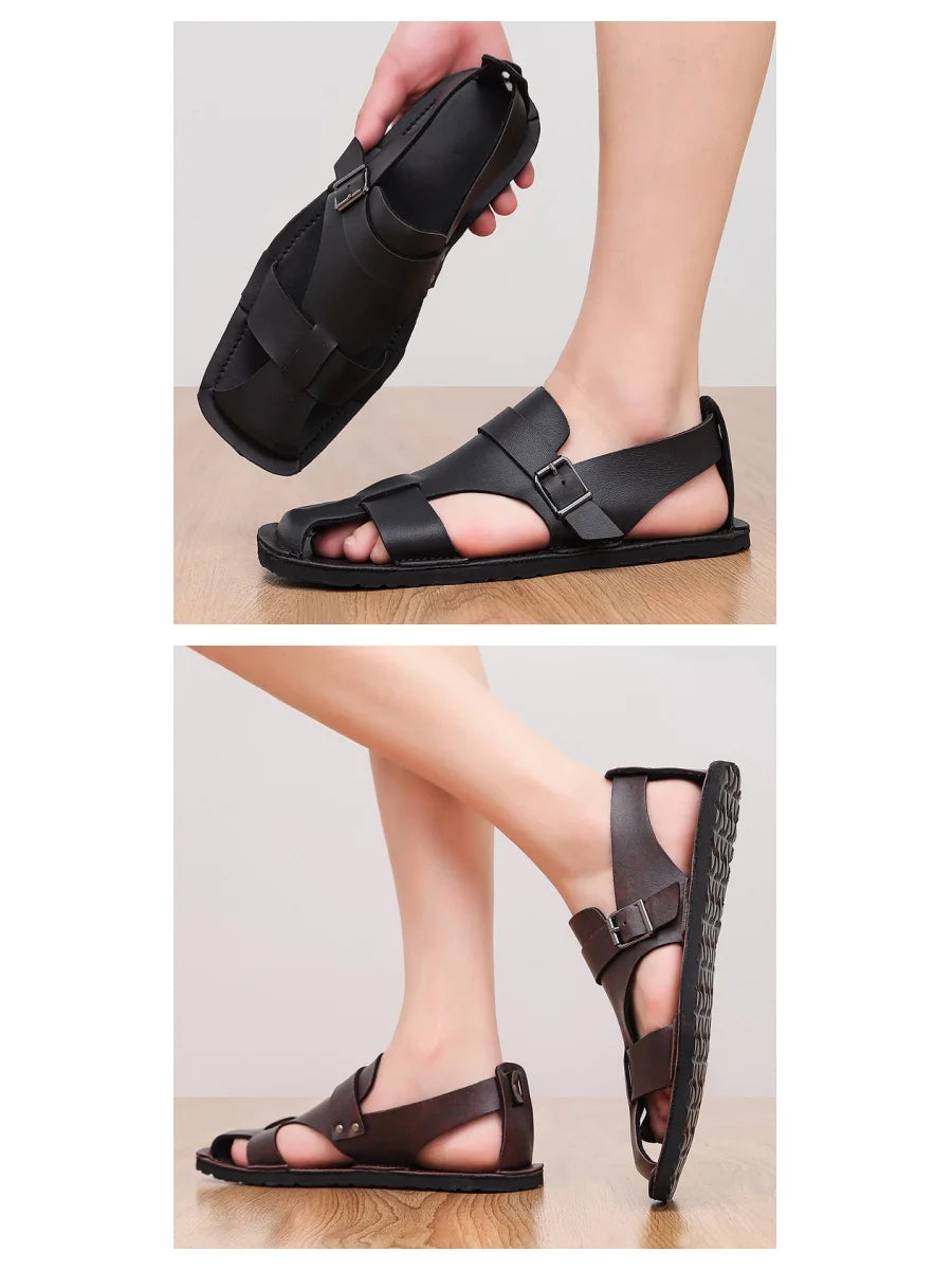 Retro Men's Summer Fashion Hollow Breathable Sandals Comfortable Anti-Slip Wear-Resistant Handmade Roman Style Slippers