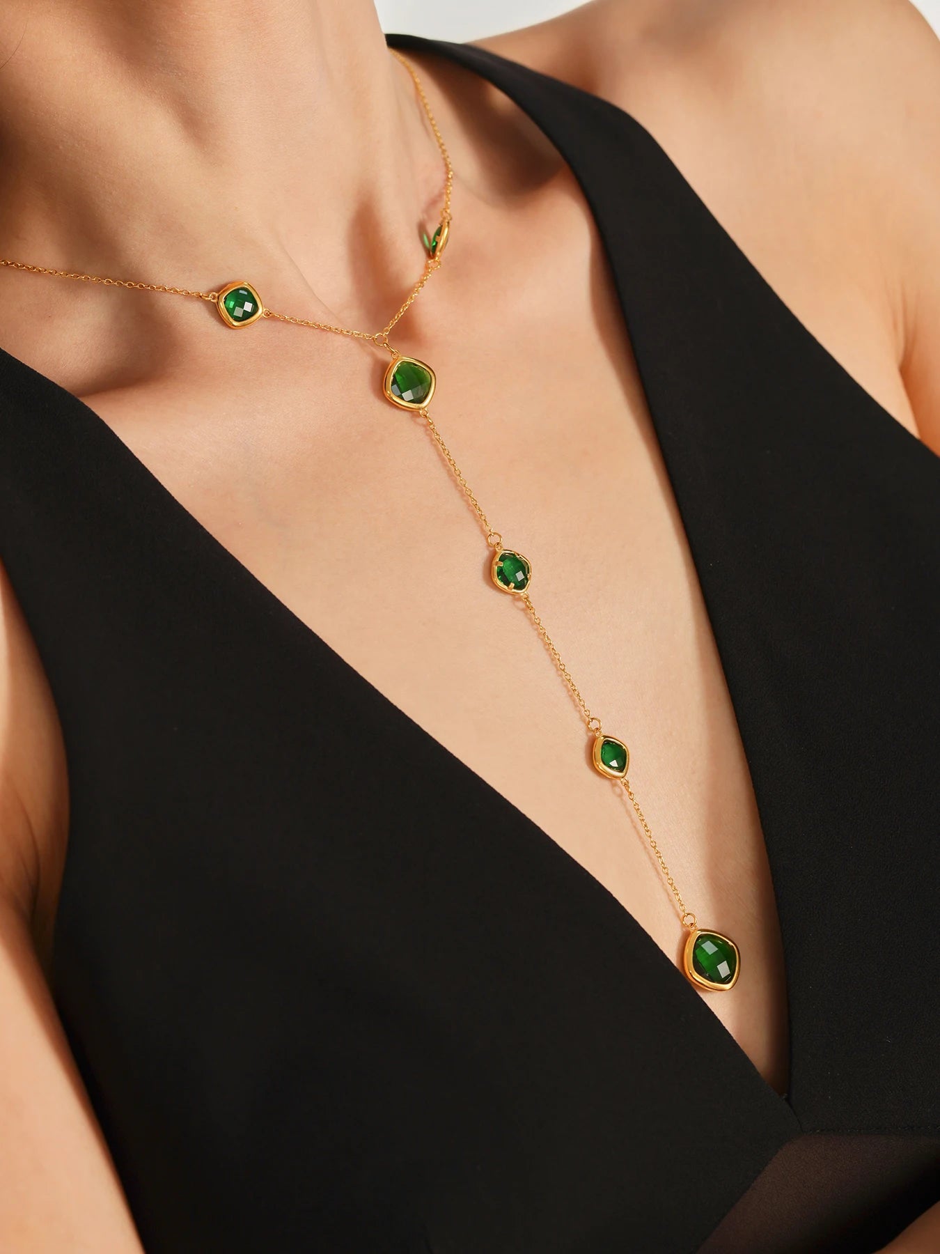 Colorful Long Square Pendant Stainless Steel Necklace for Women Luxury Czech Glass Gold Plated Waterproof Charm Jewelry