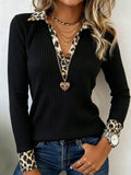 Women's leopard print knitted patchwork top with ribbed collar and cuffs, V-neck long sleeves, fitted design, suitable for spring and autumn office and casual pullover shirts.