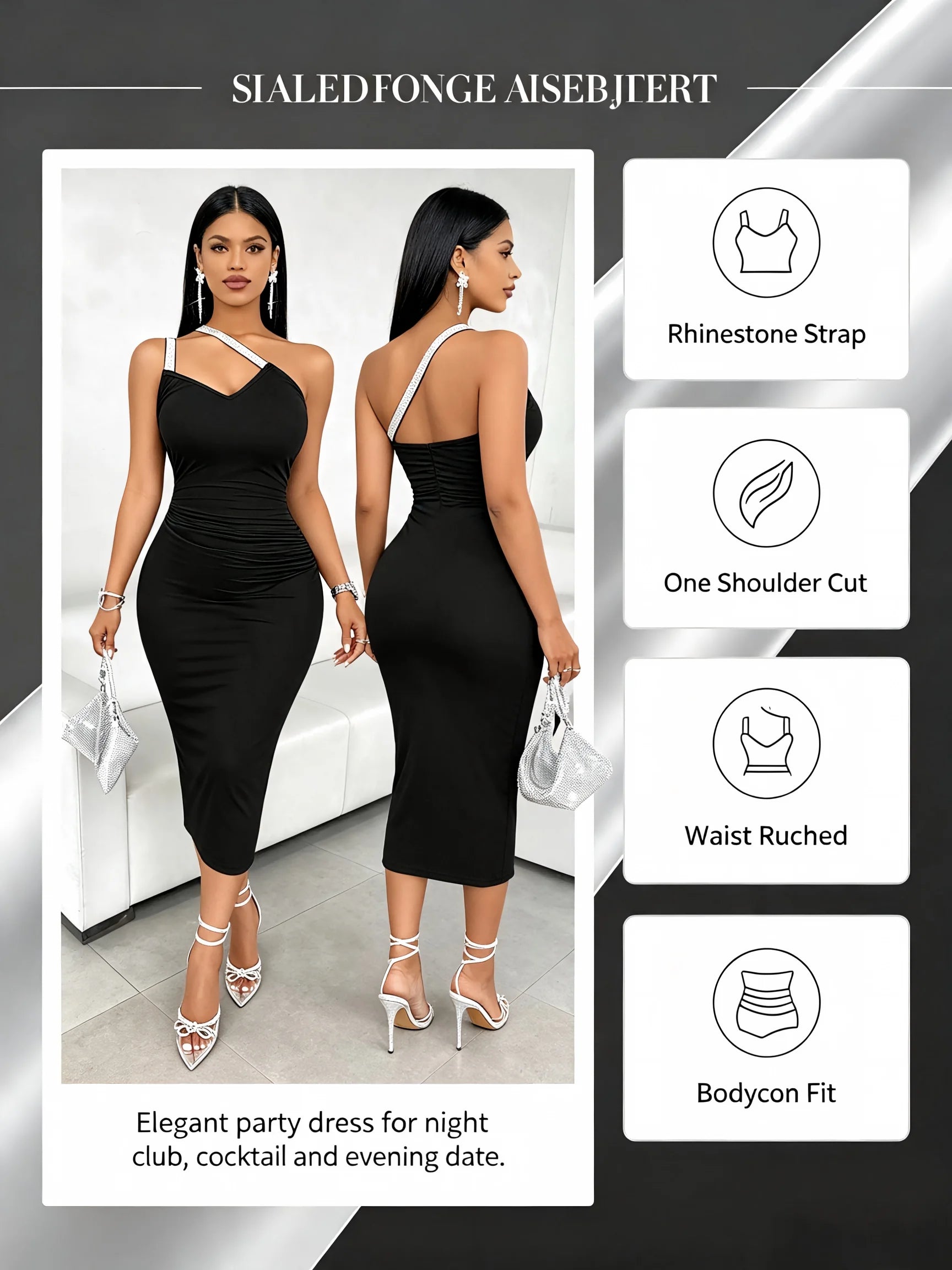 Women Sparkly Strap One Shoulder Midi Bodycon Dress Sleeveless Ruched Evening Party Dress Black Club Night Out Dresses