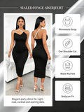 Women Sparkly Strap One Shoulder Midi Bodycon Dress Sleeveless Ruched Evening Party Dress Black Club Night Out Dresses