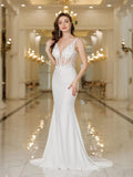 BABYONLINE Elegant Straps White Mermaid Wedding Dresses Lace Pearls Backless V Neck Sleeveless Formal Party Gowns Vestido Marriee