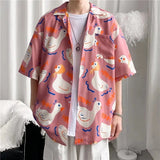 Summer Hawaiian Shirts For Men Hip Hop Mens Japanese Geisha Funny Printed White Pink Shirts Men Korean Casual Holiday Tops Shirt