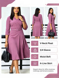 Women Elegant Office Midi Dress Plus Size V‑Neck 3/4 Sleeve Belted A‑Line Dress Formal Work Business Party Dresses