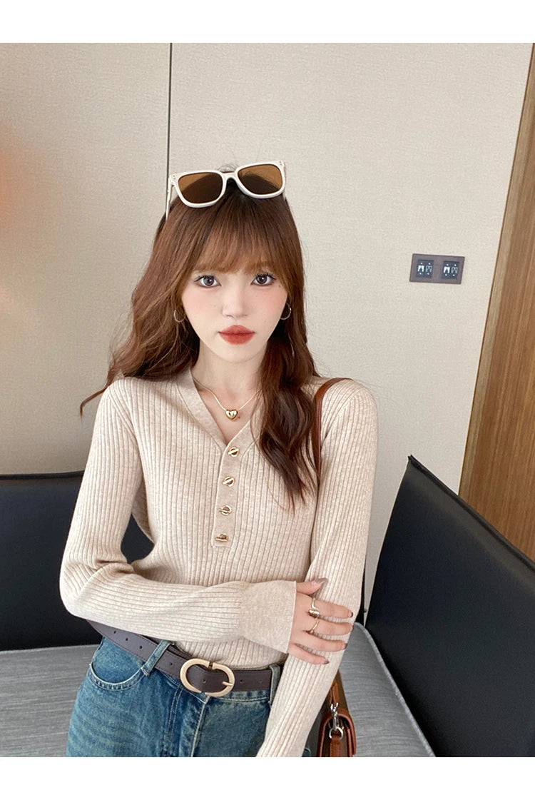 2026 Casual Slim Button Knitted Pullover Autumn Winter Women Sweaters Sweater Femme Basic Solid Jersey Tops Fashion Clothes