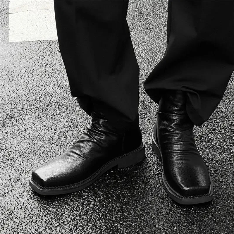 Hot-Selling Leather Boots for Men Fad Square Toe Drape Casual Chelsea Boot British High-end Cool High Top Men Boots Botas Hombre