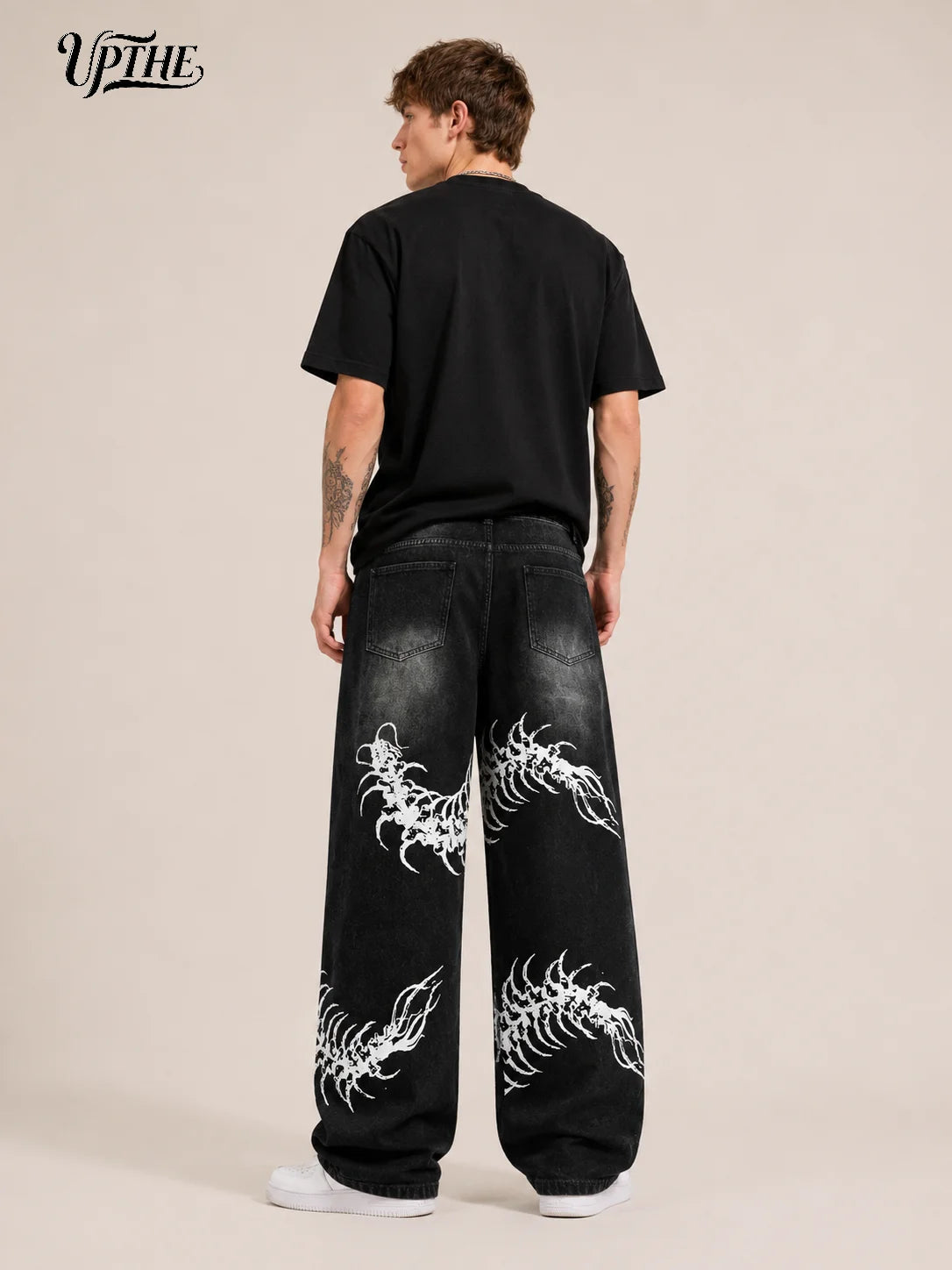 UP.THE Men Black Faded Baggy Wide Leg Jeans, Y2K Oversized Loose White Centipede Skeleton Print Denim Pants, Gothic Grunge Streetwear Trousers for Daily Outfits