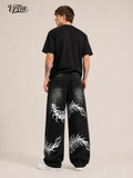 UP.THE Men Black Faded Baggy Wide Leg Jeans, Y2K Oversized Loose White Centipede Skeleton Print Denim Pants, Gothic Grunge Streetwear Trousers for Daily Outfits