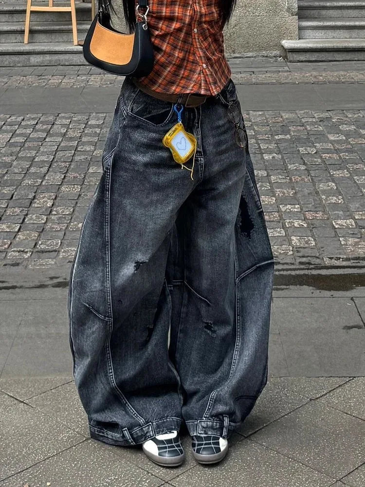 Black Jeans Women Vintage High Waisted Cargo Jeans Straight 2025 Summer Casual Loose Big Size Wide Leg Denim Baggy Pants Y2K