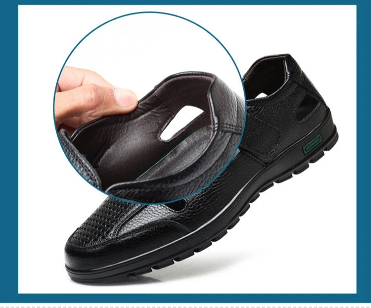 Men's Genuine Leather Sandals Men Summer Hollow Breathable Leather Shoes Mens Casual Soft Comfortable Flats EU Sizes 38-48