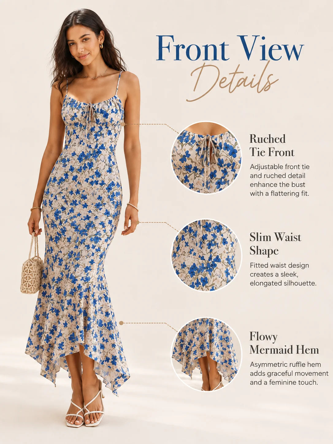 Floral Print Spaghetti Strap Maxi Dress for Women, V Neck Front Drawstring Bodycon Midi Long Dress, Slim Fit Split Hem Summer Beach Vacation Party Sundress