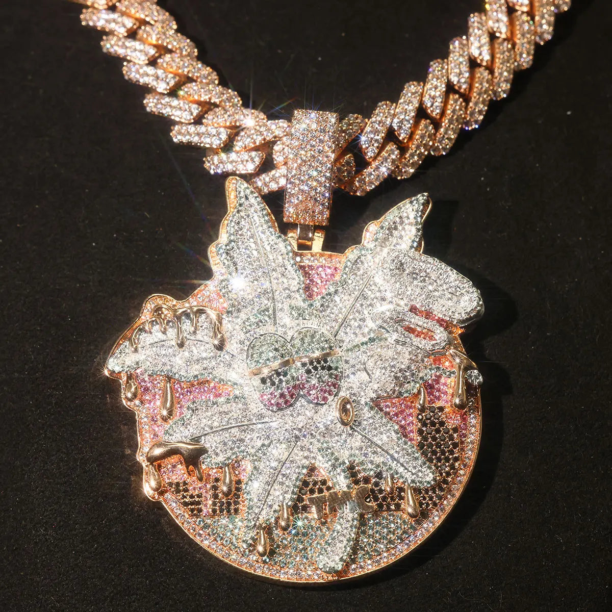 Iced Out Rose Pink Drip Pendant 18K Gold Electroplated Cubic Zirconia Hip Hop Round Medallion Necklace Cuban Chain Charm Colorful Stone Inlay Dripping Gold Street Rapper Fine Jewelry Accessory For Men Party Club Daily Sparkli