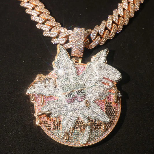 Iced Out Rose Pink Drip Pendant 18K Gold Electroplated Cubic Zirconia Hip Hop Round Medallion Necklace Cuban Chain Charm Colorful Stone Inlay Dripping Gold Street Rapper Fine Jewelry Accessory For Men Party Club Daily Sparkli