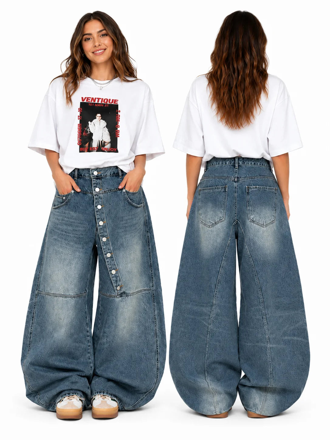 Women's Asymmetric Button Front Baggy Jeans, High Waist Vintage Washed Wide Leg Denim Pants Y2K Streetwear Loose Barrel Jeans for Daily Wear