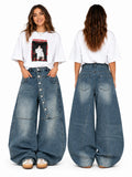 Women's Asymmetric Button Front Baggy Jeans, High Waist Vintage Washed Wide Leg Denim Pants Y2K Streetwear Loose Barrel Jeans for Daily Wear