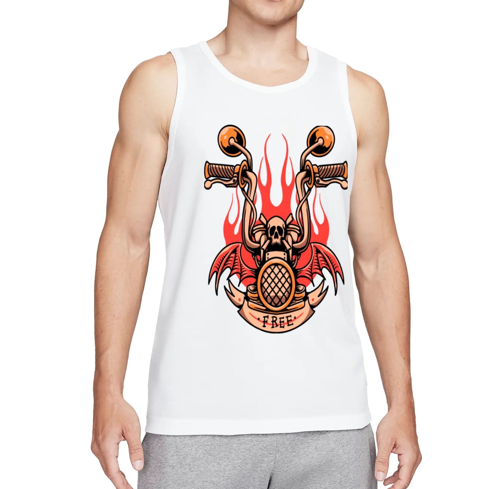 Retro Flaming Praying Hands Tank Top, Vintage Gothic Fire Graphic Sleeveless Tee, Old School Tattoo Style Streetwear Vest for Men
