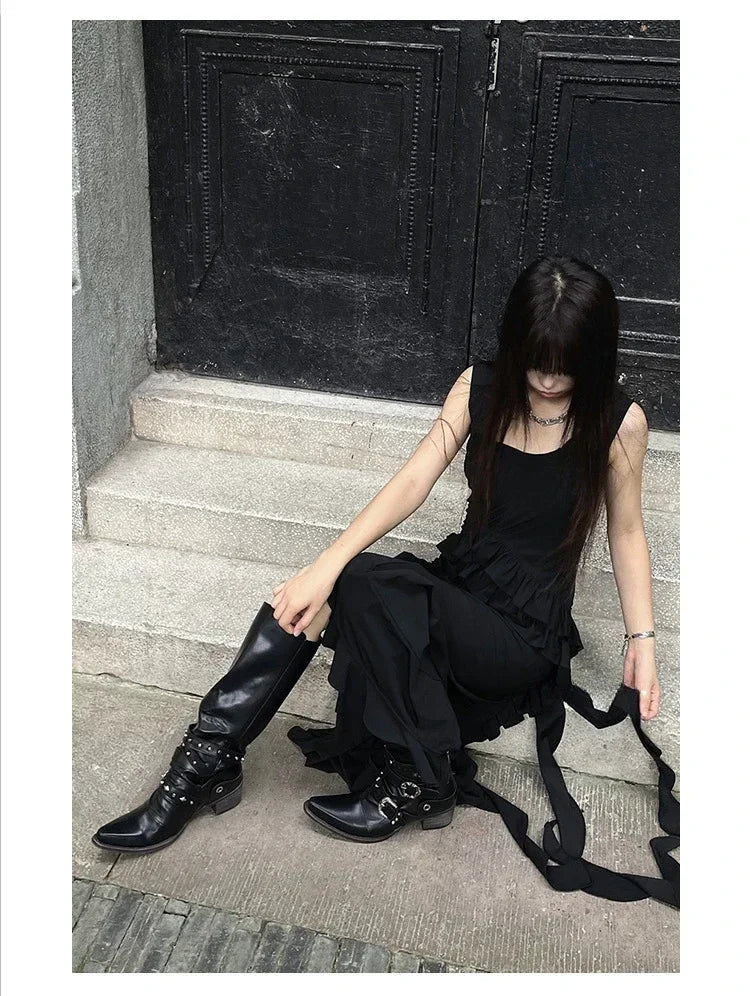 Woman Black Punk Knee High Platform Low Heel Trend Punk Gothic New Rock Leather Fashion Women Chunky Knight Motorcycle Footwear