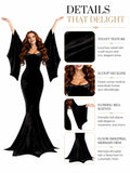 Women Gothic Velvet Mermaid Maxi Dress Bat Flared Long Sleeve Bodycon Gown Dark Witch Vampire Costume Halloween Cosplay Party Outfit