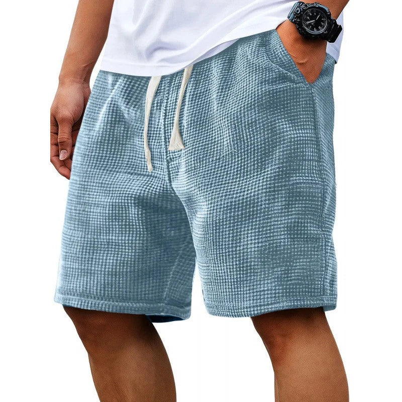 Men Shorts Solid Color Mid Waist Summer Motion Waffle Texture Deep Crotch Drawstring Mens Shorts Loose Knee Length Casual Short
