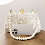 Fashion Pearl Chain Handbags Female White Embroidered Lace Flower Clutch Purse Crossbody Shoulder Party Wedding Prom Evening Bag