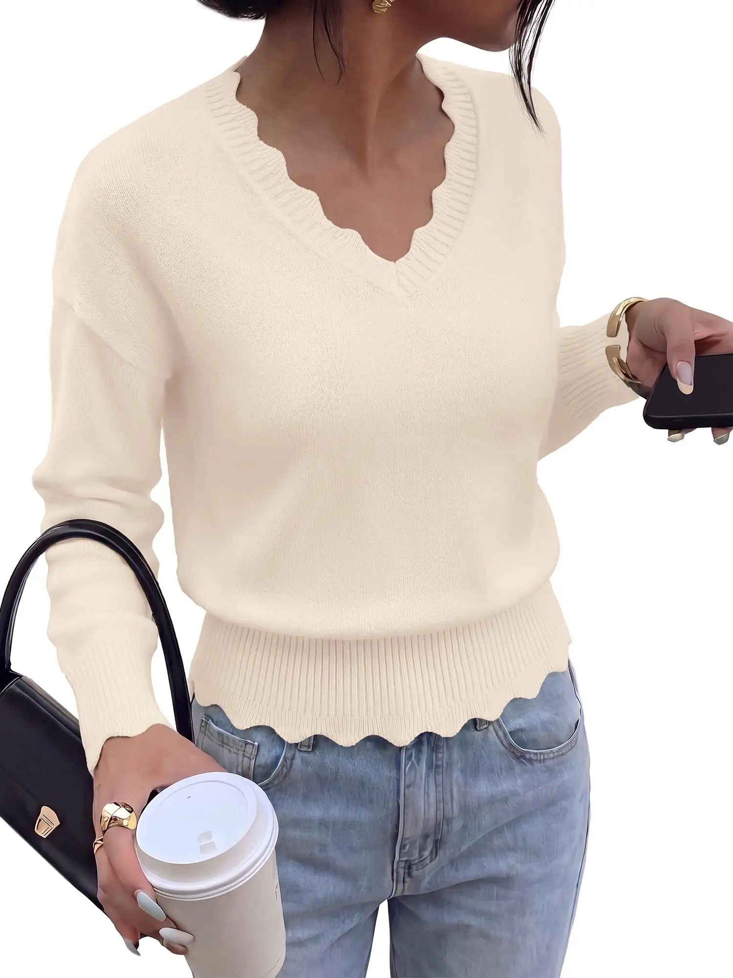 Lightweight Knit Sweaters Top For Women Daily Wear Scallop Edges V Neck Pullover Tops Autumn And Winter Long Sleeved