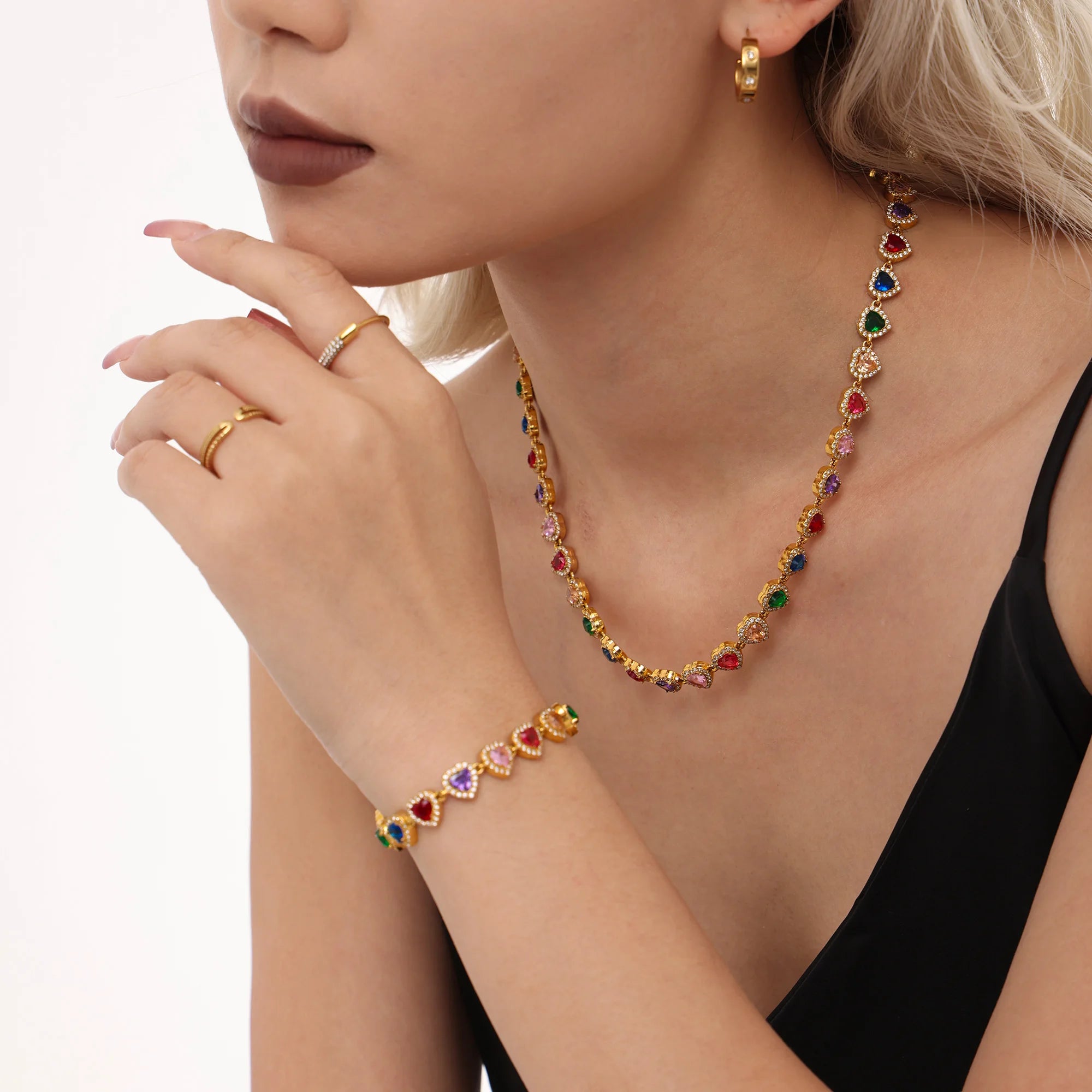 Colorful Zircon Necklace Heart Chain Bracelet Set Women's 316L Stainless Steel Gold-Plated Luxury Wedding Jewelry Accessories