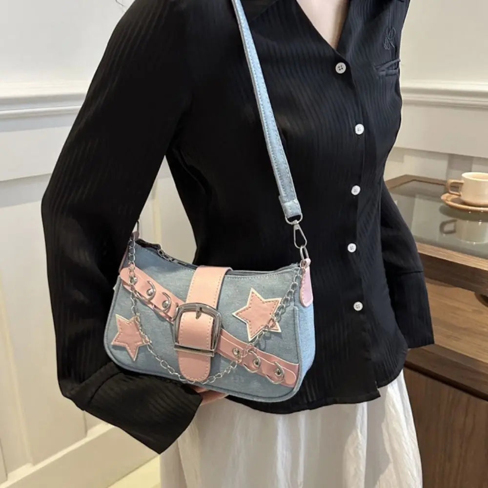 Y2k Fashion Women's Handbags Stars Pattern Cool Girls Underarm Bag Fashion Female Small Shoulder Bags Chain Tote Purses