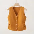 Womens Gold Button Front Vest V-Neck Ruched Waist Sleeveless Knit Jacket Casual Chic Spring Summer 2025 Trendy Outfit