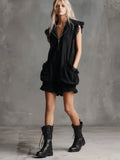 Stand Collar Half Zip Sleeveless Loose Mini Dress Lace Trim Pocket Ruffle Hem Dress For Women Street Punk Daily Trendy Outfit