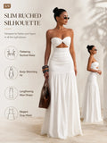 Women Strapless Twist Cutout Maxi Dress Ruched Waist Flowy A Line Long Tube Top Dress Summer Beach Vacation Casual Sundress
