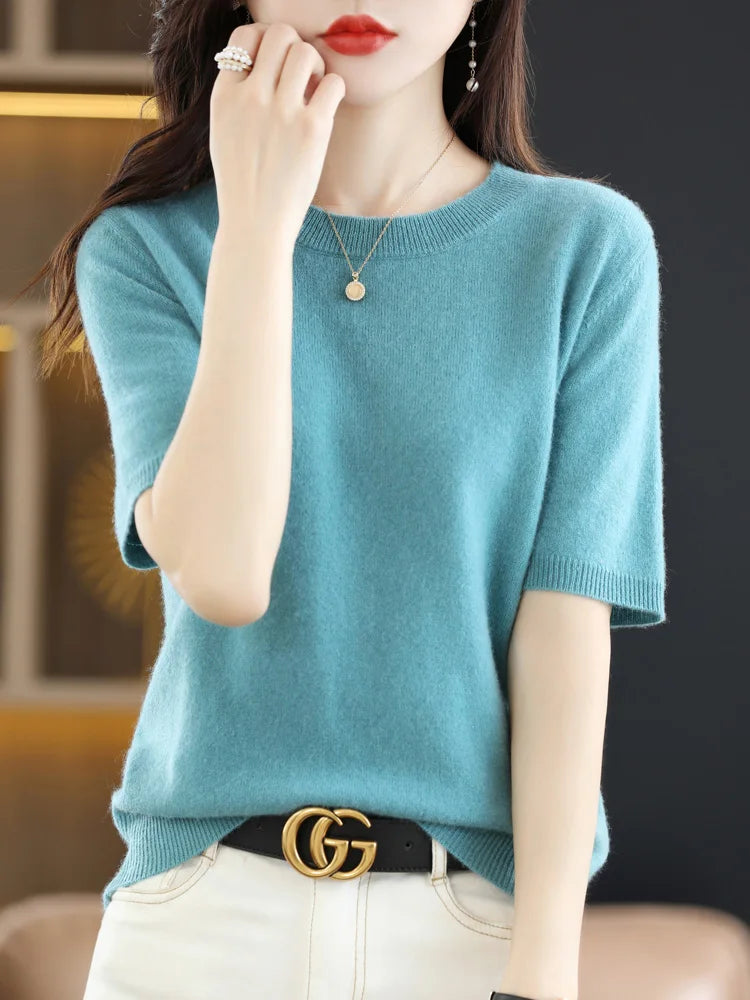 Spring Autumn Women Sweaters Short Sleeves O-neck Bottoming Shirts Knitwear 2026 Summer Knit Tops Pullovers Korean Jumpers